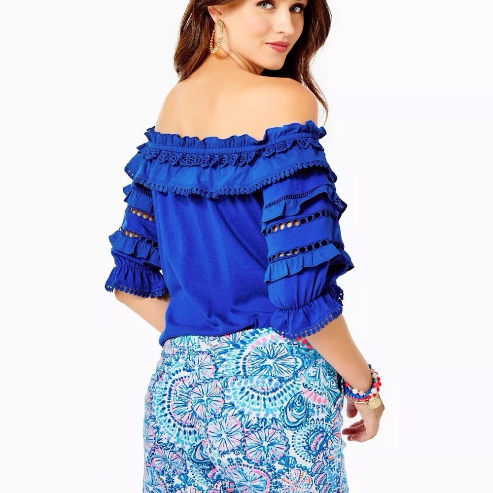 NWOT Lilly Pulitzer Off Shoulder top with ruffle sleeve Royal Blue Ruffle Blouse